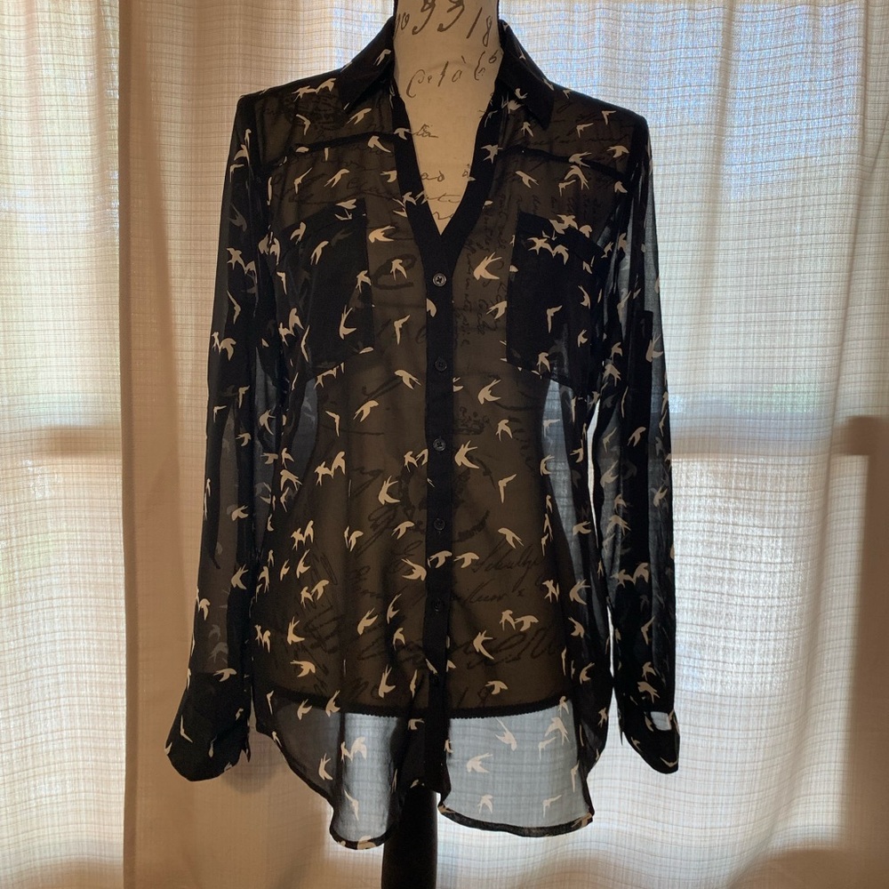 Express black with with bird patterned button down shirt